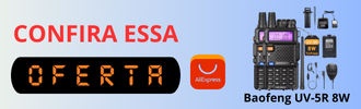 Anúncio com fotografia do rádio HT marca Baofeng, modelo UV-5R, vedndido na loja virtual AliExpress.